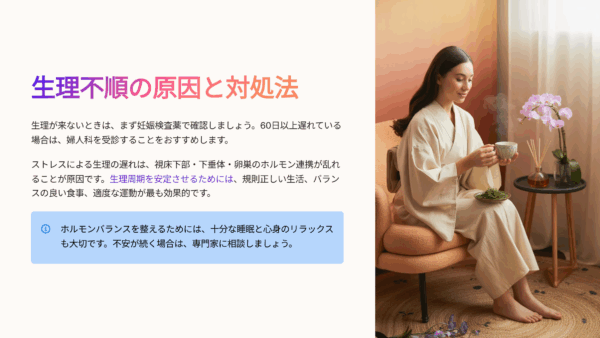 生理が来ない時はまず妊娠検査薬で確認し、60日以上遅れたら婦人科受診