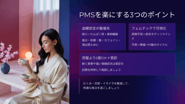 PMS 食べ物とむくみ・甘い物欲の対処法：低GIメニューと記録アプリで血糖値を安定化